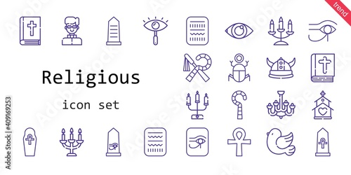 religious icon set. line icon style. religious related icons such as eye, pigeon, bible, egypt, chandelier, candelabra, church, cross, priest, viking,