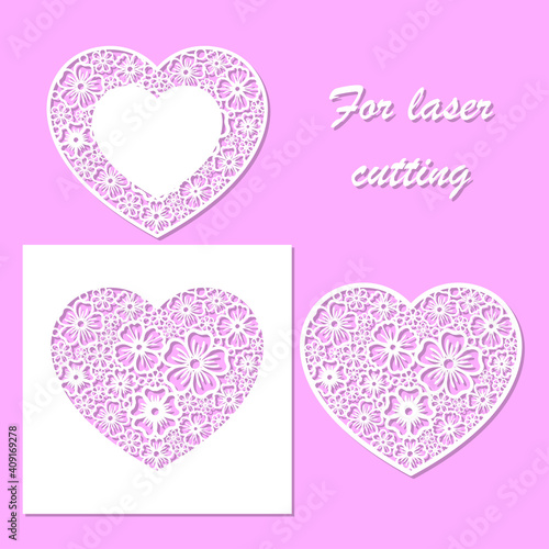A set of templates for laser cutting. Lacy paper hearts. Openwork floral elements. Vector