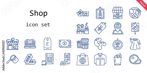 shop icon set. line icon style. shop related icons such as dress  shop  voucher  bag  bill  steaks  store  food  tags  sale  shirt  open book  beans  coffee  paper bag  tag  supermarkets  cash  pet