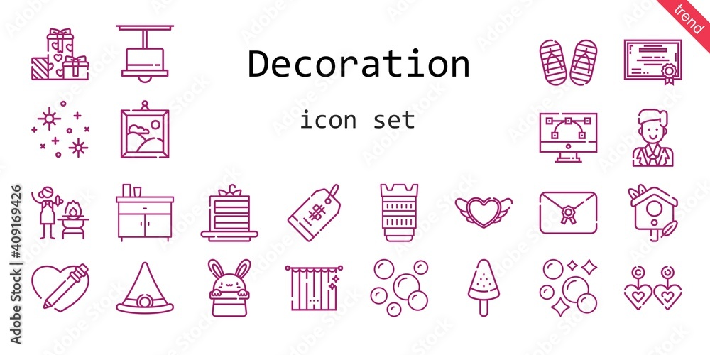 decoration icon set. line icon style. decoration related icons such as cake slice, groom, curtains, certificate, lamp, stars, heart, popsicle, bird house, witch hat, painting, letter, price tag decoration icon set. line icon style. decoration related icons such as cake slice, groom, curtains, certificate, lamp, stars, heart, popsicle, bird house, witch hat, painting, letter, price tag