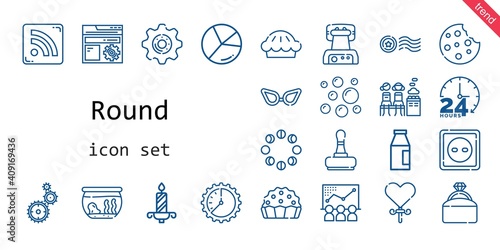 round icon set. line icon style. round related icons such as settings, moon phases, cookie, engagement ring, milk, waffle iron, stamp, wall clock, lollipop, pie, rss feed, glasses, fishbowl