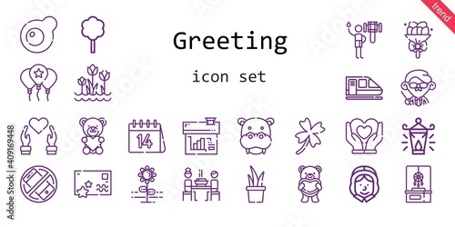 greeting icon set. line icon style. greeting related icons such as dreamcatcher, shower, silent, balloon, egg, clover, tree, bouquet, pilgrim, korean, house, heart, flower, hippopotamus, teacher