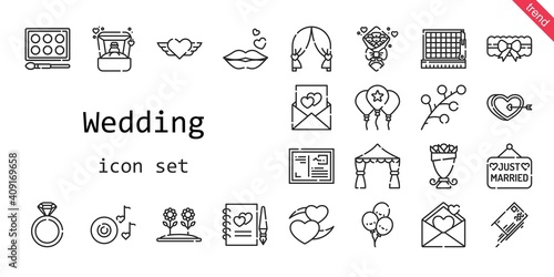 wedding icon set. line icon style. wedding related icons such as balloon  just married  engagement ring  balloons  ring  garter  bouquet  kiss  branch  heart  flower  guests book  romantic music