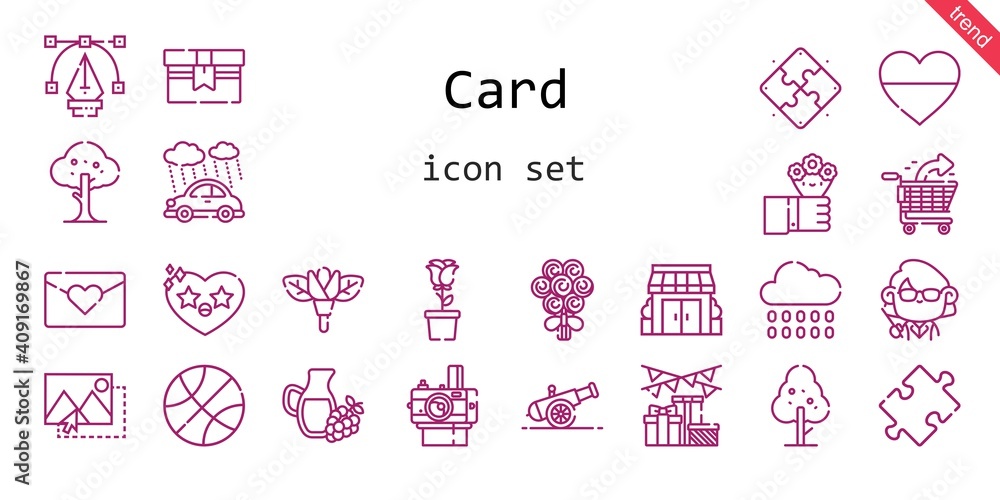 card icon set. line icon style. card related icons such as gift, rain, image, flowers, stores, cannon, tree, bouquet, photo camera, heart, flower, basketball, teacher, puzzle, shopping cart