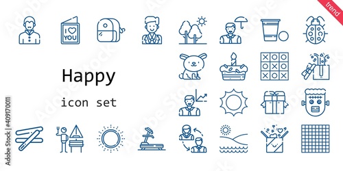 happy icon set. line icon style. happy related icons such as frankenstein, gift, german, groom, tree, ladybug, employee, sun, beer pong, cake, sharpener, tic tac toe, beach, rabbit, vampire