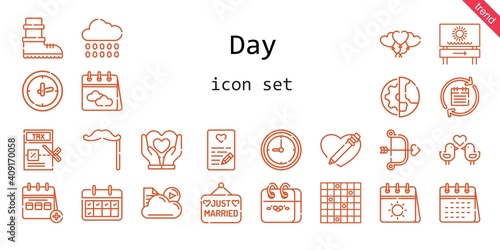day icon set. line icon style. day related icons such as calendar, rain, just married, balloons, tax, clock, heart, mustache, cupid, cloud, planet earth, love birds, tic tac toe, beach, boots