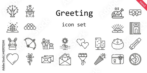 greeting icon set. line icon style. greeting related icons such as confetti, father and son, gift card, large, garter, tree, bouquet, snowing, bow, heart, flower, flute, gold, ball, divider, cake