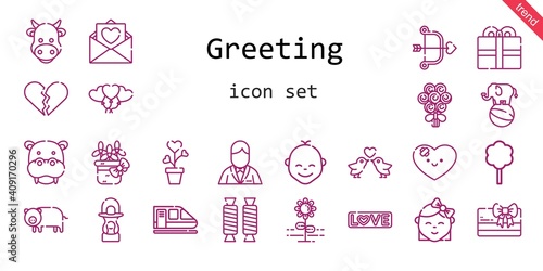 greeting icon set. line icon style. greeting related icons such as love, groom, balloons, tree, broken heart, bouquet, cow, lantern, heart, pig, flower, cupid, hippopotamus, love birds, plant, baby