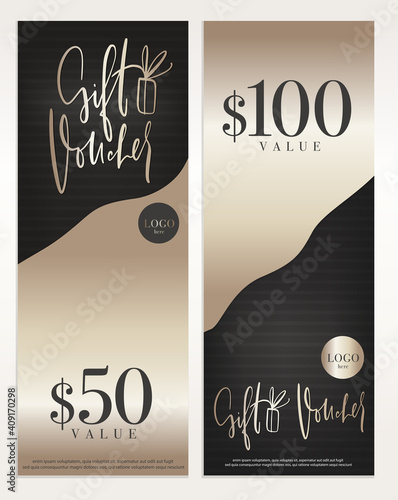 Vertical gift voucher template set with shining gold and black organic shapes.