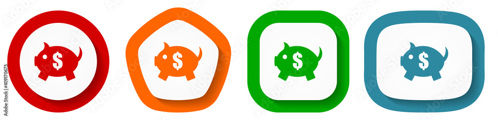 Piggy bank vector icon set, flat design buttons on white background for webdesign and mobile applications