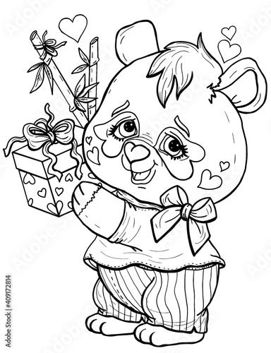 Cartoon isolated character, romantic baby bear with a gift, cute small panda boy with round head and big eyes, in shirt and striped trousers, with bow-knot, holiday box and bamboo in a paw.