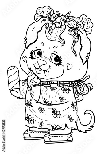 Cartoon character, cute puppy, little rottweiler in flower dress with big eyes and protruding tongue, with a flower wreath on the head and bow-knot, with earrings and collar, with ice cream in a paws.