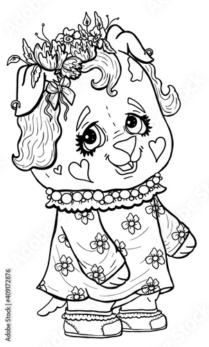 Cartoon isolated character in full growth, cute baby dog, adorable girl puppy with big eyes and cheeks-heart, with earrings and flower wreath, in dress with collar and beads, and sneakers.