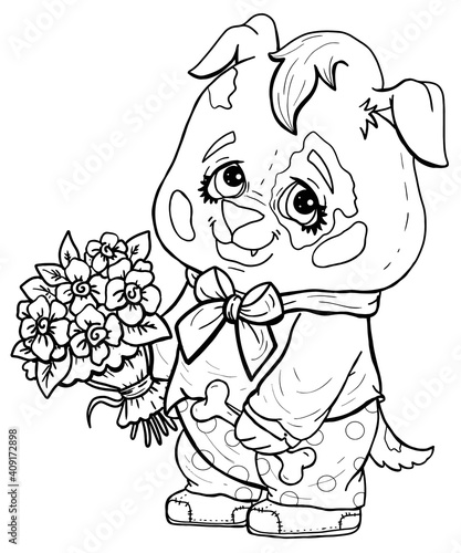Cartoon character, little romantic charming doggy with big eyes and round head,  in sneakers, with festive bow-knot on neck and pants with polka-dots, with bouquet of flowers and with bone in a paw.