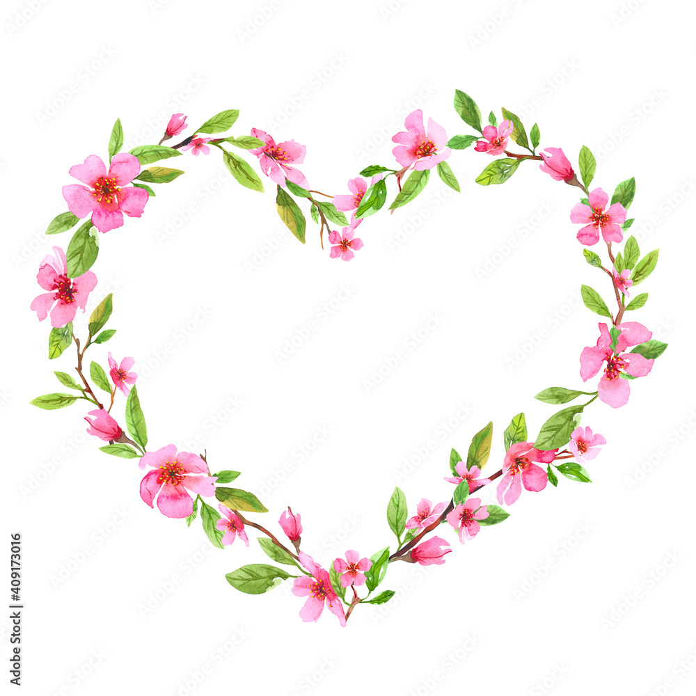 Watercolor cherry blossom flower hearth frame wreath. Sakura beautiful spring floral template. Valentines Day. Colorful illustration isolated on white