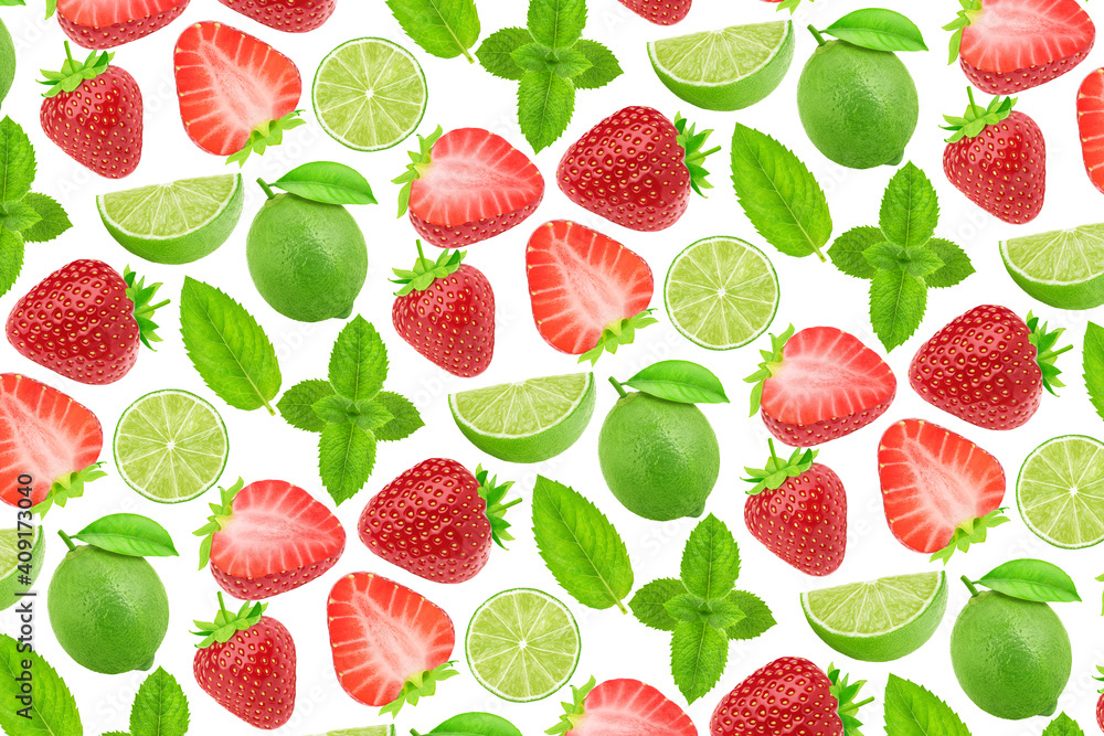 Multicolored endless pattern made with raspberry and lime isolated on white background. Multicolored endless pattern made with raspberry and lime isolated on white background.