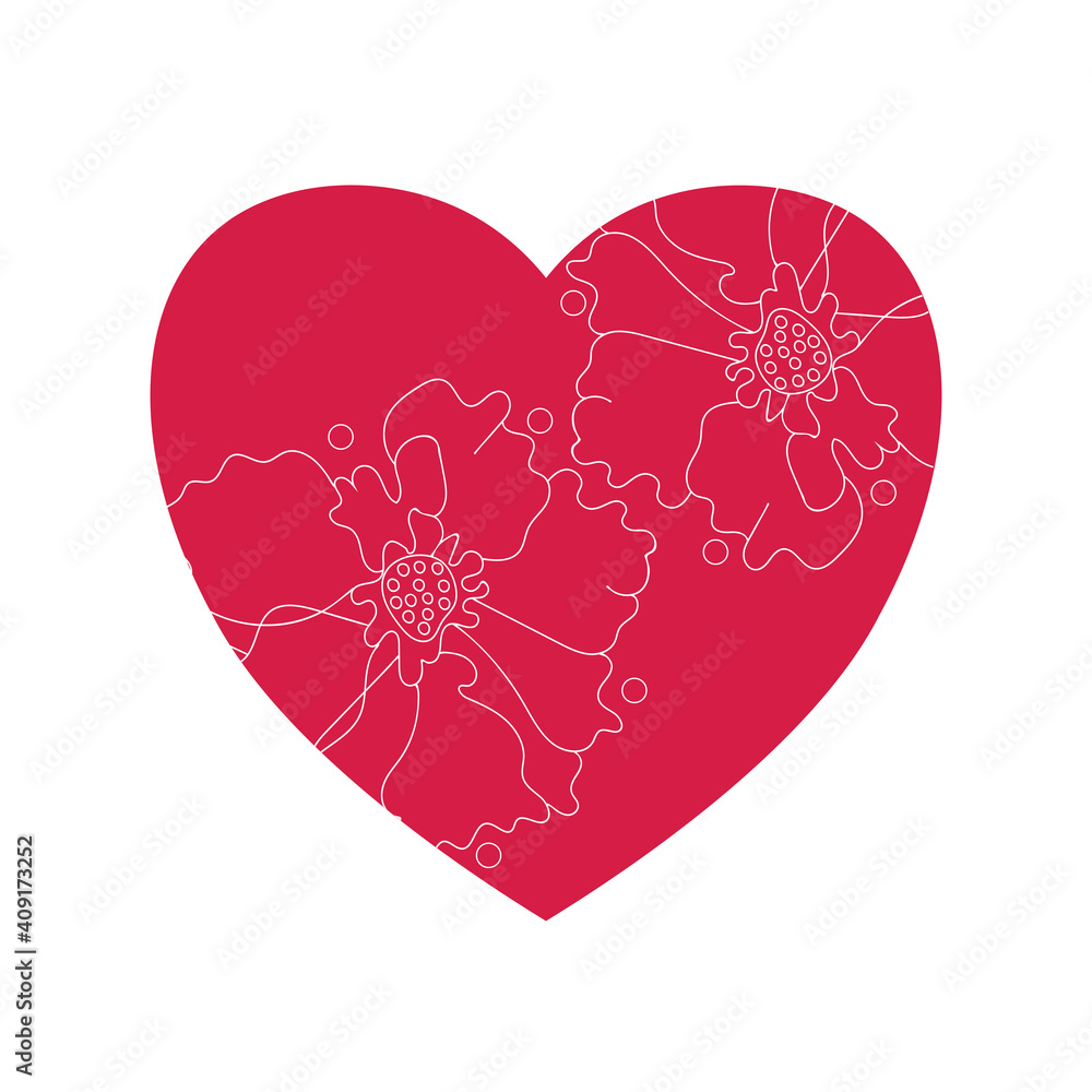 Red heart with doodle zen white flowers for Valentine Day, isolated on white background. Vector love illustration.