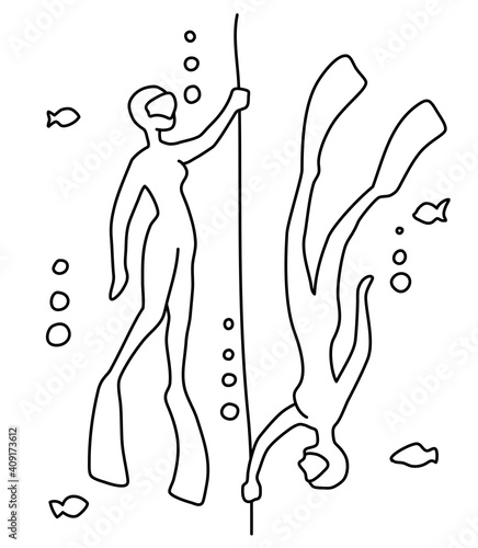 Freediving girl in fin swimming underwater, line art vector illustration on white background. Free diving minimalist banner template. Diving girl in swimwear and mask. Aquatic sport vacation activity