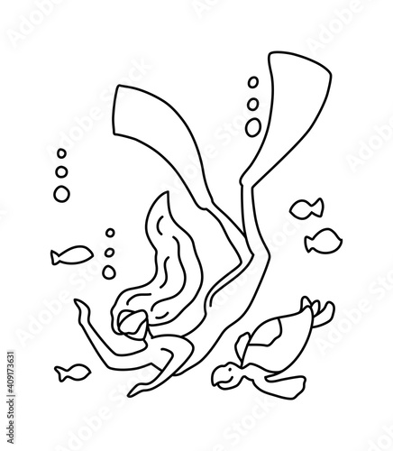 Freediving girl in fins swimming underwater, line art vector illustration on white background. Aquatic sport banner template. Tropical island attraction for tourist. Mermaid girl undersea with turtle