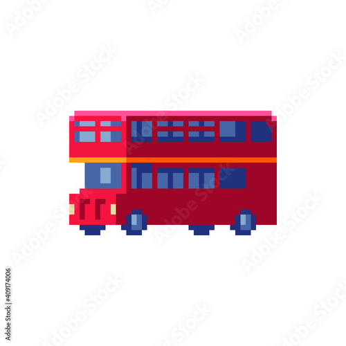 London bus double-decker. Pixel art. Red traditional english bus. 8-bit sprite. Isolated vector illustration. 