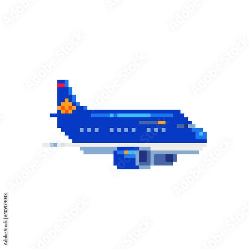 Airplane pixel art 80s style icon isolated vector illustration. Tourism travel. Game assets 8-bit sprite. Design for stickers, logo and mobile app.