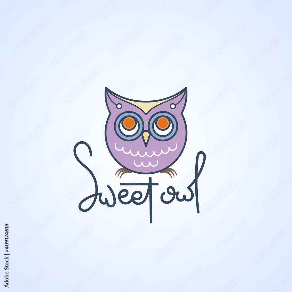 Sweet owl logo. Doodel isolated emblem design. Kids education symbol Sweet owl logo. Doodel isolated emblem design. Kids education symbol