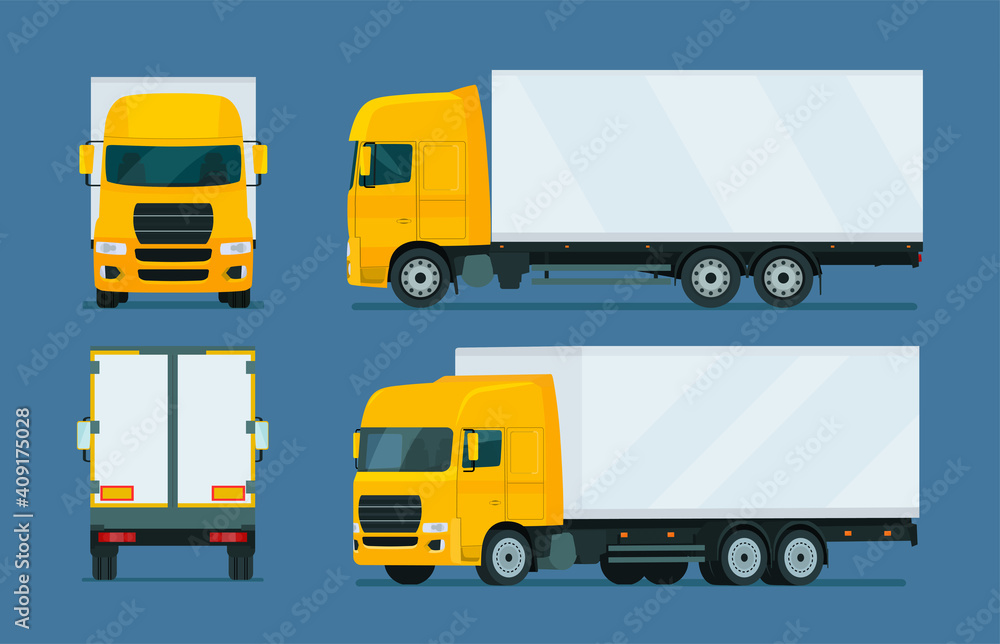 Cargo truck four angle set. Truck side, back and front view. Vector flat style illustration. Cargo truck four angle set. Truck side, back and front view. Vector flat style illustration.