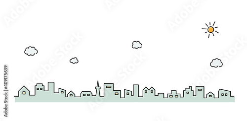 街並みのイラスト　シンプル　空　線　背景　おしゃれ　アイコン　町　ビル　風景　都会