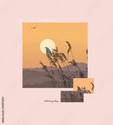Vector illustration landscape. River, mountain, grass on the sunset.Typography for abstract printing T-shirts.