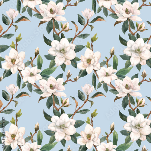 Beautiful vector seamless pattern with hand drawn watercolor white magnolia flowers. Stock illustration.