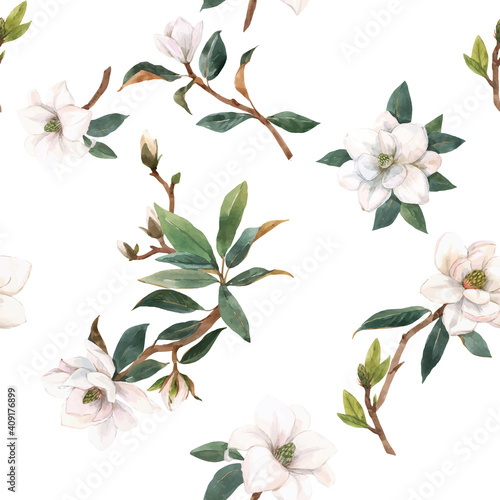 Beautiful vector seamless pattern with hand drawn watercolor white magnolia flowers. Stock illustration. © zenina