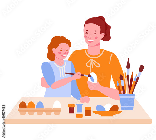 Mom and daughter are preparing for Easter, decorating eggs together. Vector illustration in flat cartoon style. isolated on white background.