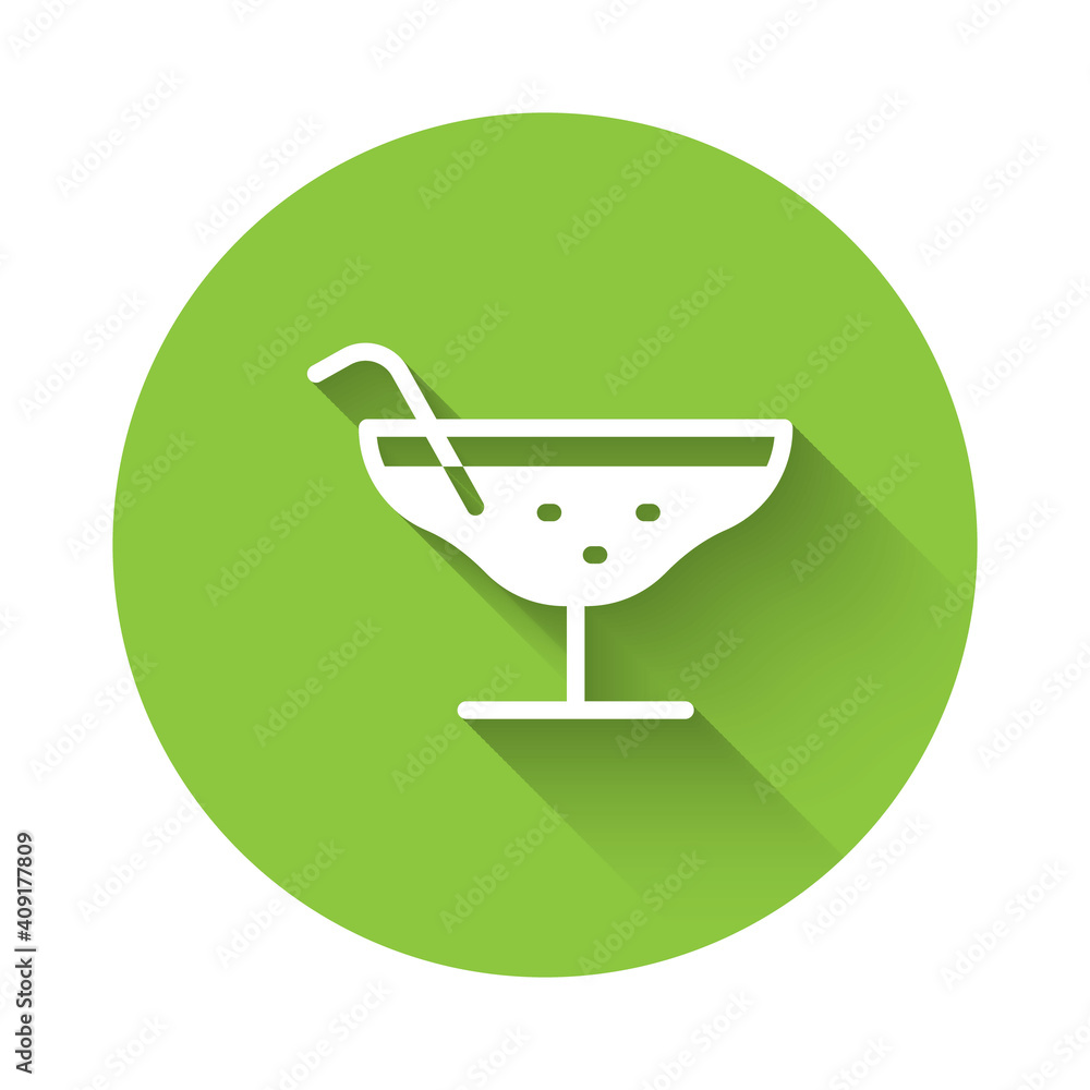 White Cocktail icon isolated with long shadow. Green circle button. Vector Illustration. White Cocktail icon isolated with long shadow. Green circle button. Vector Illustration.