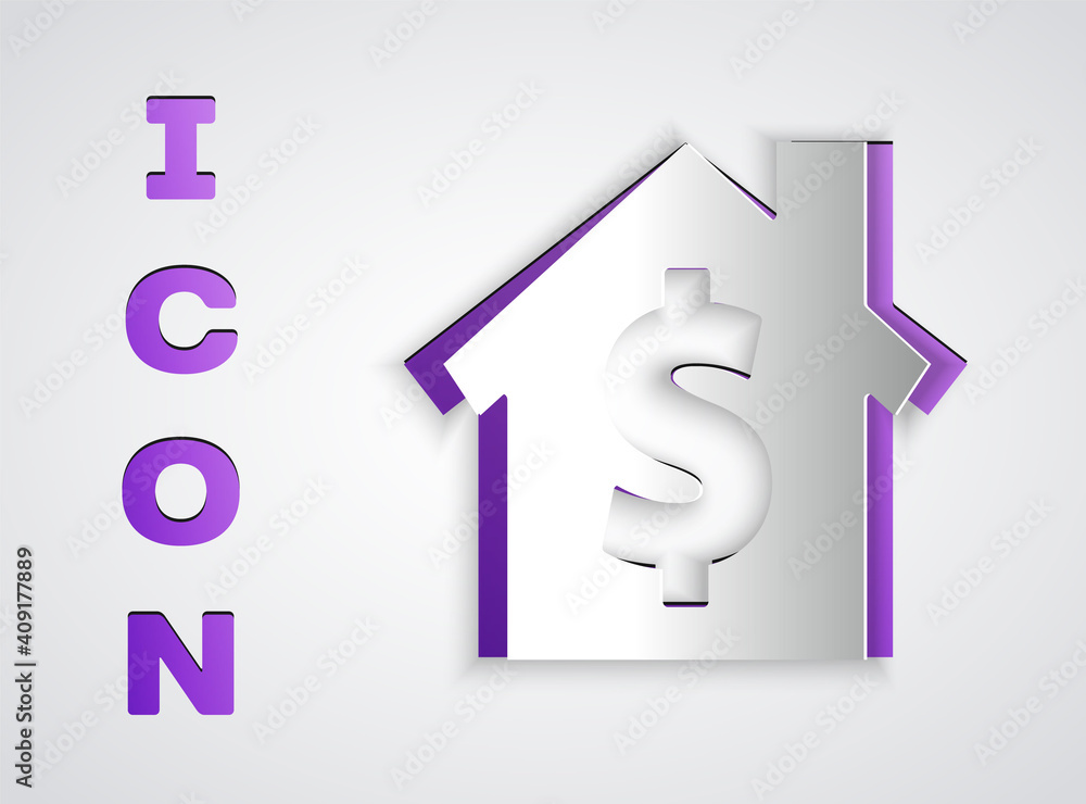 Paper cut House with dollar symbol icon isolated on grey background. Home and money. Real estate concept. Paper art style. Vector Illustration. Paper cut House with dollar symbol icon isolated on grey background. Home and money. Real estate concept. Paper art style. Vector Illustration.