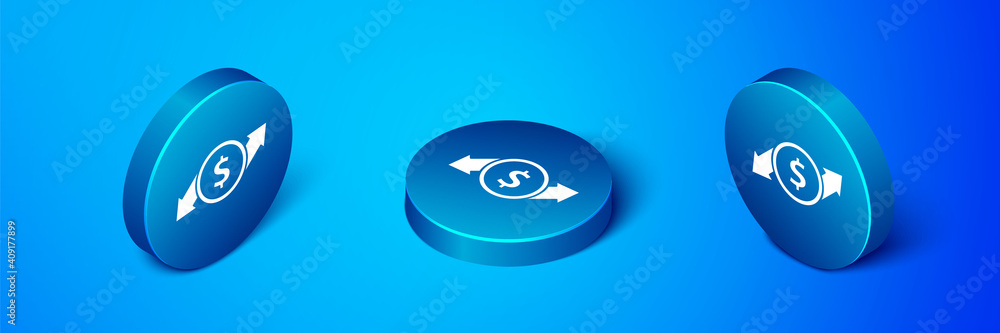 Isometric Financial growth and dollar coin icon isolated on blue background. Increasing revenue. Blue circle button. Vector Illustration. Isometric Financial growth and dollar coin icon isolated on blue background. Increasing revenue. Blue circle button. Vector Illustration.