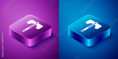 Isometric Medieval axe icon isolated on blue and purple background. Battle axe, executioner axe. Medieval weapon. Square button. Vector.