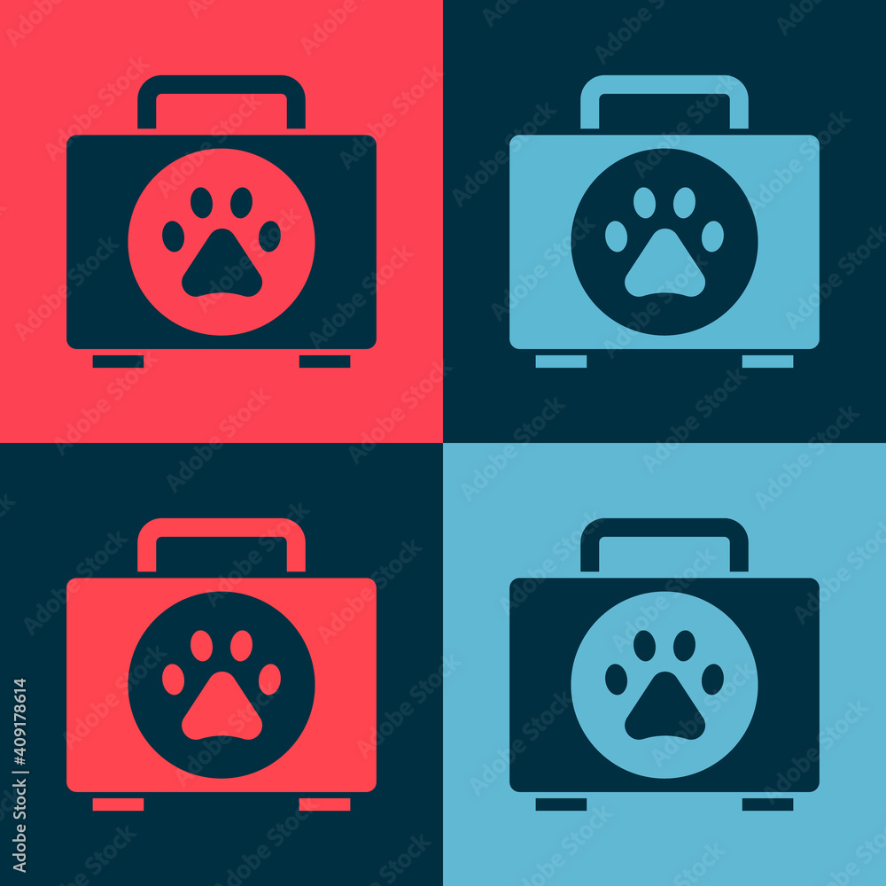 Pop art Pet first aid kit icon isolated on color background. Dog or cat paw print. Clinic box. Vector. Pop art Pet first aid kit icon isolated on color background. Dog or cat paw print. Clinic box. Vector.