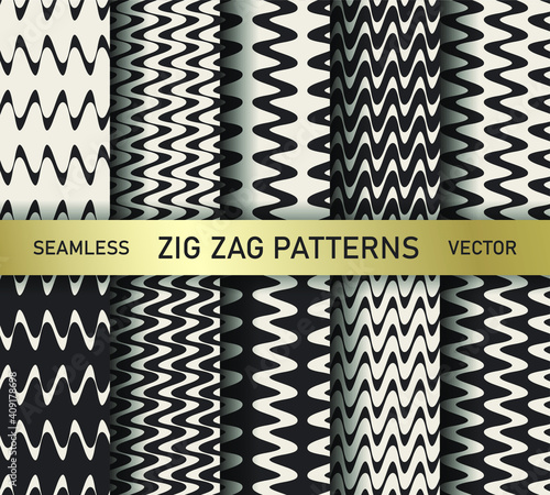 Set of seamless vector zig zag patterns. Collection of romantic zigzag wavy lines background. For decoration, fabric, textile, wrapping, cover, design etc.	
