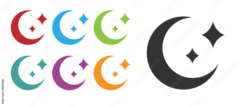 Black Moon and stars icon isolated on white background. Set icons colorful. Vector. Black Moon and stars icon isolated on white background. Set icons colorful. Vector.