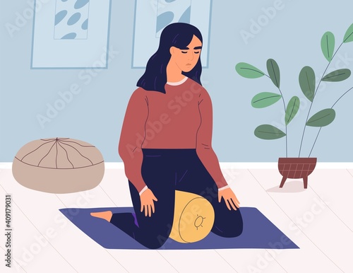 Peaceful young woman meditating in kneeling yoga position with cushion. Relaxed female character practicing meditation and performing breath control exercises at home. Color flat vector illustration