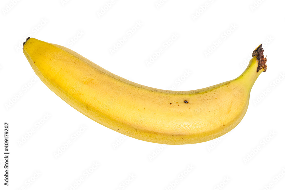 single unpeeled yellow banana isolated on white background
