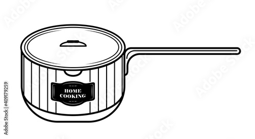Stewpan with sticker Home Cooking isolated on white background.