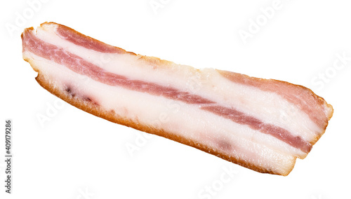 single slice of smoked Salo (pork fatback) with meat layers isolated on white background photo