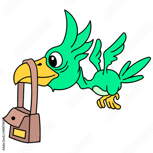 a flying pelican carrying a bag in its beak, doodle icon image kawaii