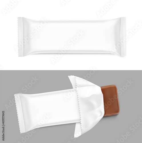 Open flow packaging mockup with bar. Vector illustration. Can be use for your design, promo, adv and etc. Possibility for food, pharmaceutical, cosmetic. EPS10.	