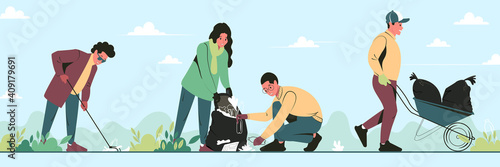 A group of young people volunteers cleaning garbage in park. Altruistic guys and girl care environment together. Vector flat illustration.