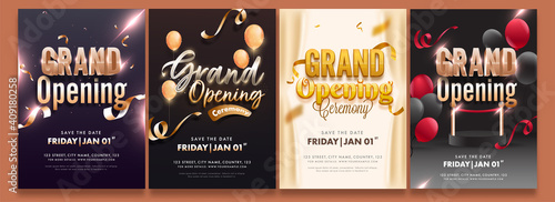 Grand Opening Party Flyer Or Invitation Template Layout In Four Options.