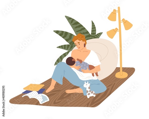 Mom breastfeeding a dark skinned newborn baby. Happy mother sitting with child, who suckling breast. Young woman feeding infant with breastmilk. Colored flat vector illustration isolated on white