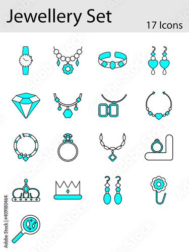 Set Of Jewellery Icons Or Symbol In Cyan And White Color.