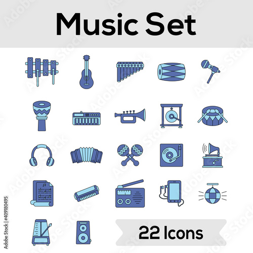 Vector Illustration Of Music Instrument Set In Blue Color.